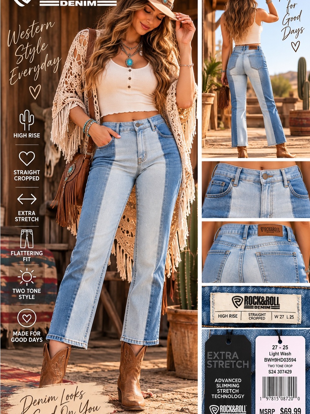 Rock & Roll Denim Two Tone High Rise Straight Cropped Jeans NWT | 27x25